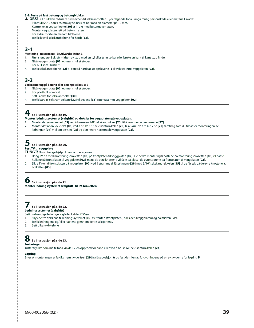 Sanus Systems VMF308 manual Montering i trestendere Se Advarsler i trinn, Ved montering på betong eller betongblokker, se 