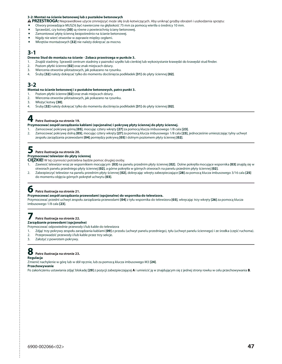 Sanus Systems VMF308 manual Montaż na ścianie betonowej lub z pustaków betonowych, Przymocować telewizor do płyty ściennej 