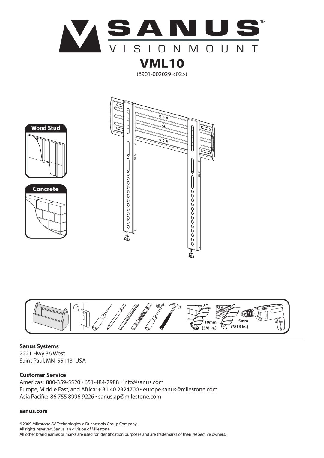 Sanus Systems VML10 manual 10mm 5mm 