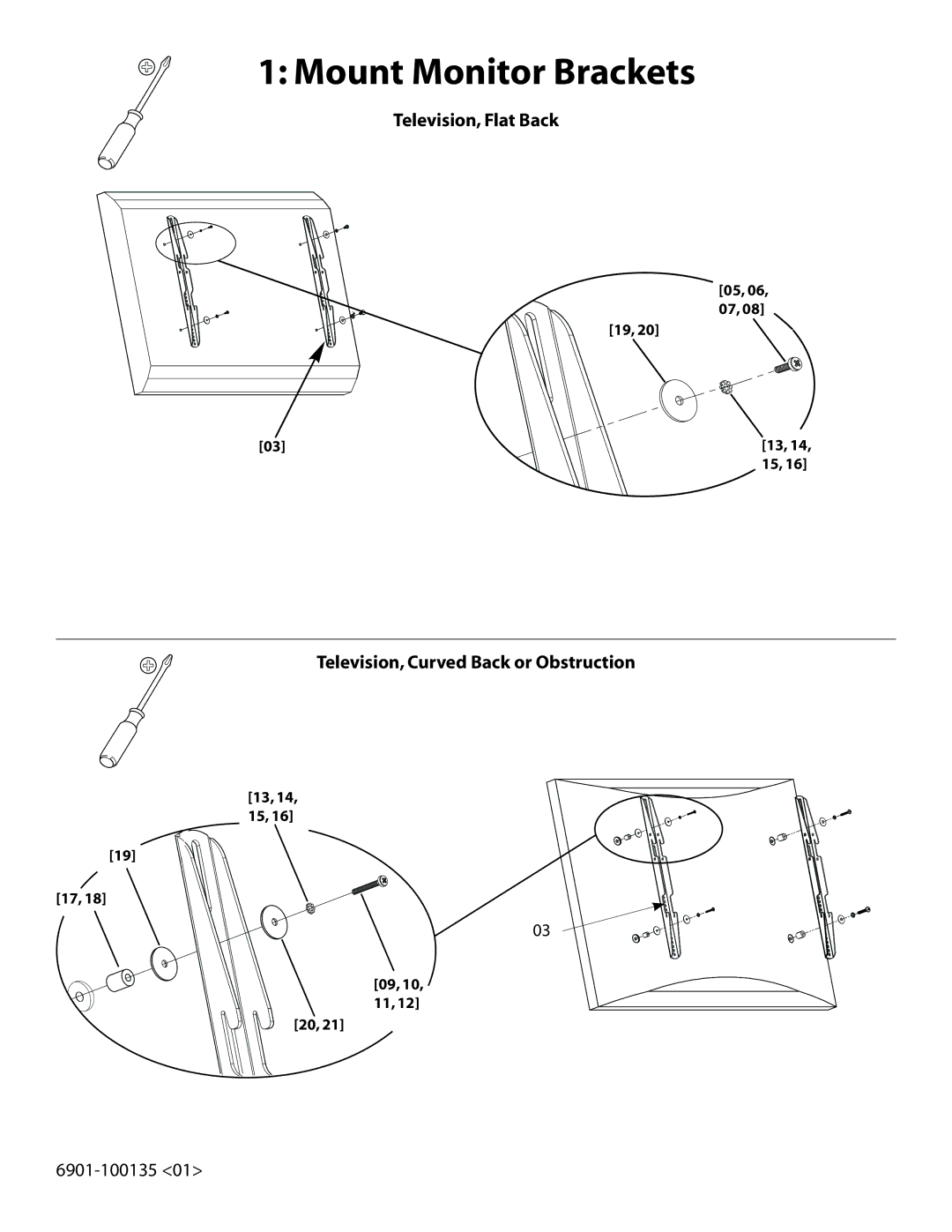 Sanus Systems VMPL2 manual Mount Monitor Brackets, Television, Flat Back, Television, Curved Back or Obstruction 