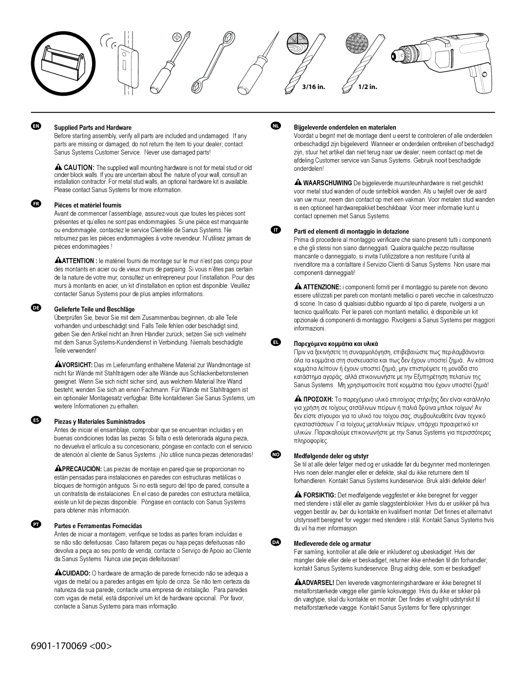 Sanus Systems VMPL250 manual Supplied Parts and Hardware, Pièces et matériel fournis, Gelieferte Teile und Beschläge 