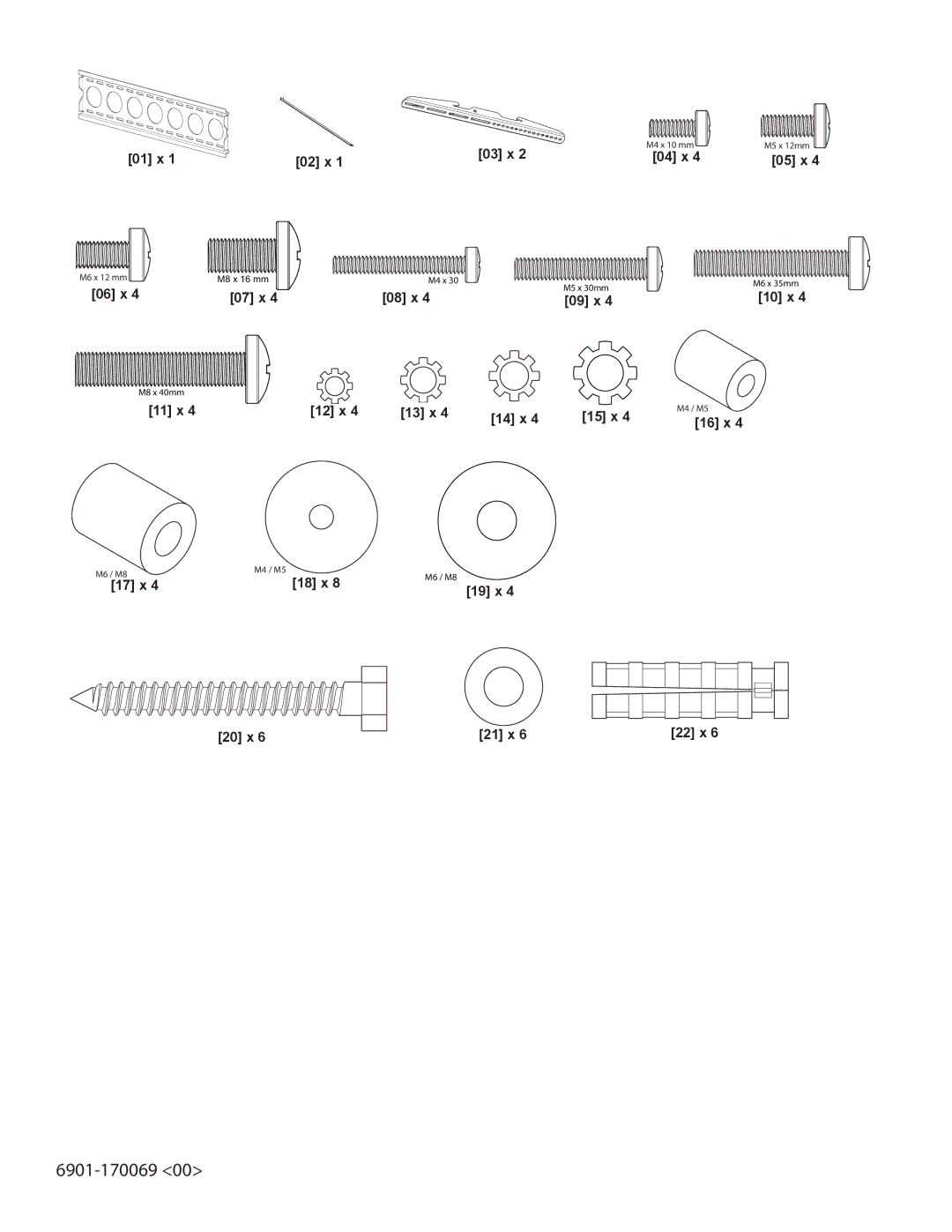 Sanus Systems VMPL250 manual 02 x, 05 x, 07 x, 13 x, 10 x, 22 x 