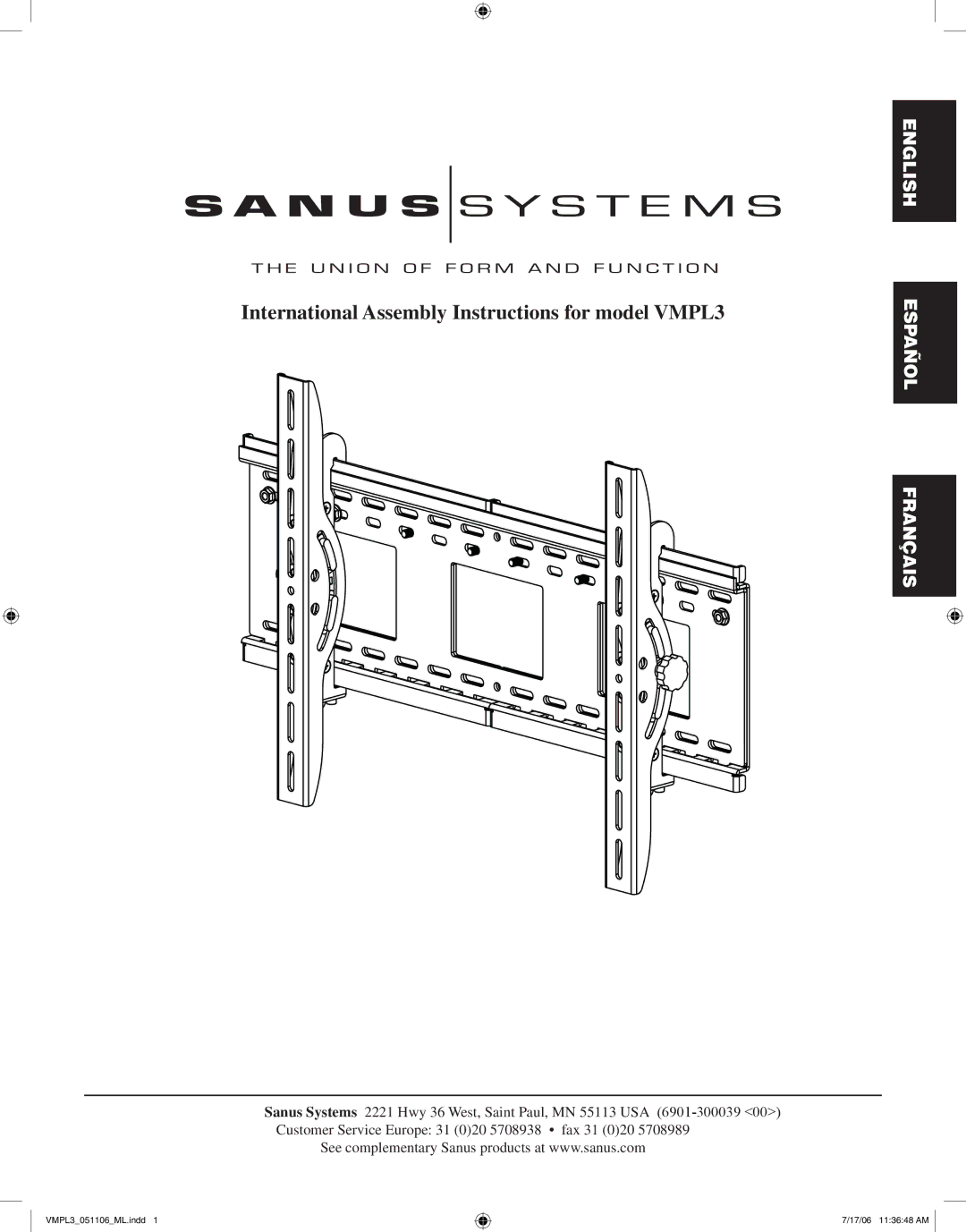 Sanus Systems manual International Assembly Instructions for model VMPL3 