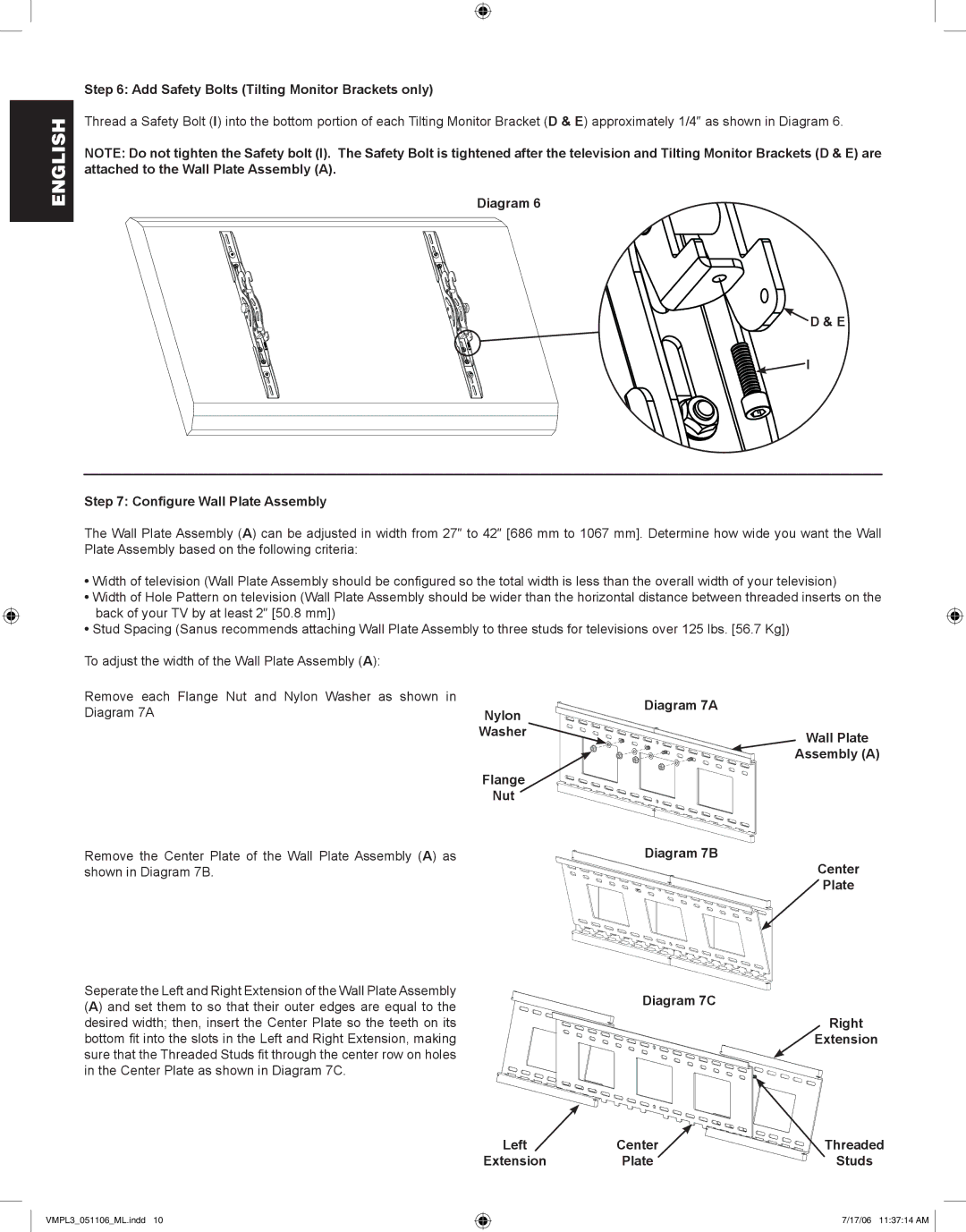 Sanus Systems VMPL3 manual Add Safety Bolts Tilting Monitor Brackets only, Diagram Configure Wall Plate Assembly 