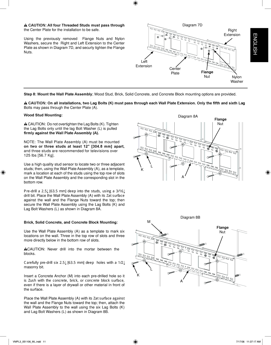 Sanus Systems VMPL3 manual Brick, Solid Concrete, and Concrete Block Mounting, Diagram 8B Flange Nut 