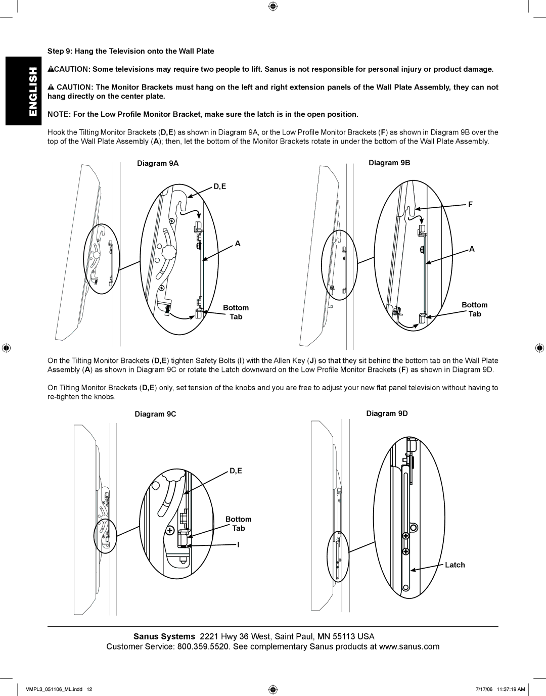 Sanus Systems VMPL3 manual Hang the Television onto the Wall Plate, Diagram 9A Diagram 9B Bottom 