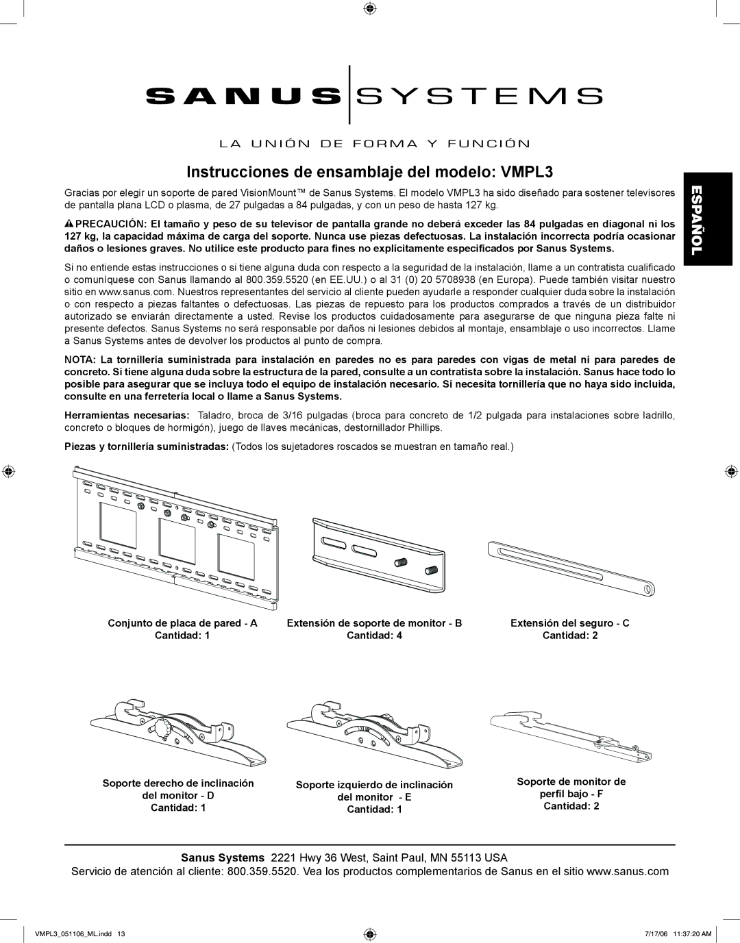 Sanus Systems manual Instrucciones de ensamblaje del modelo VMPL3 