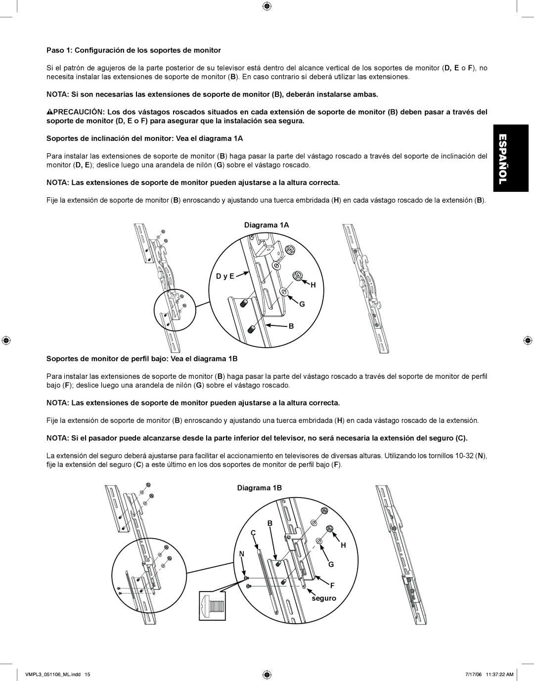 Sanus Systems VMPL3 manual Paso 1 Configuración de los soportes de monitor, Diagrama 1B Seguro 