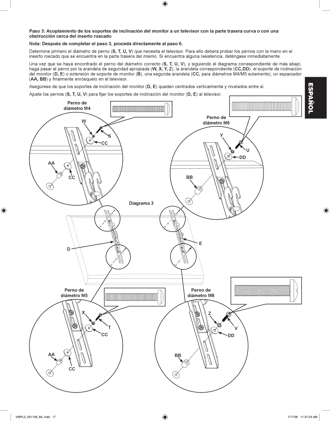 Sanus Systems VMPL3 manual Perno de Diámetro M4 Diámetro M6 Diagrama 