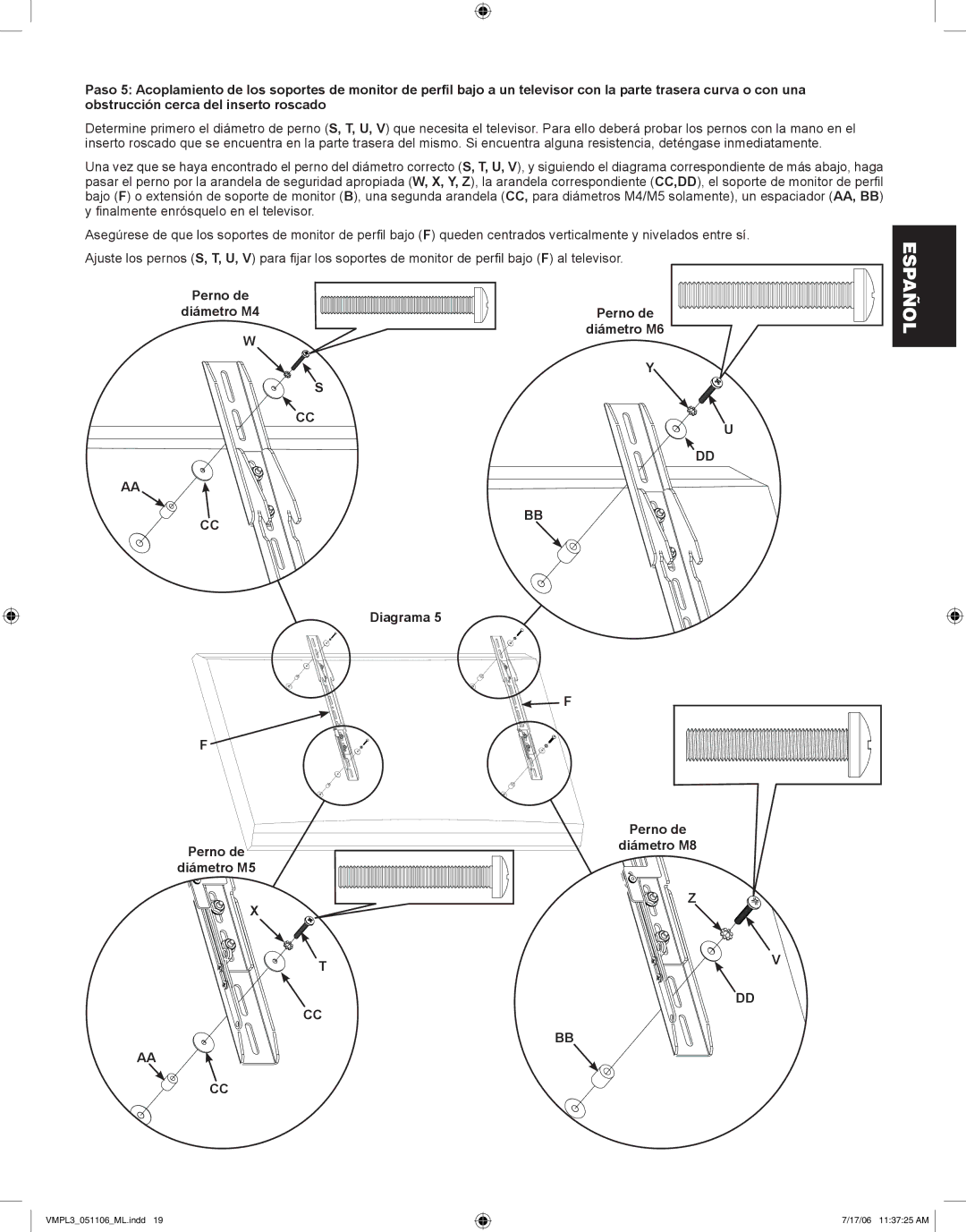 Sanus Systems VMPL3 manual Perno de Diámetro M4Perno de diámetro M6, Diagrama Perno de Diámetro M5 Diámetro M8 