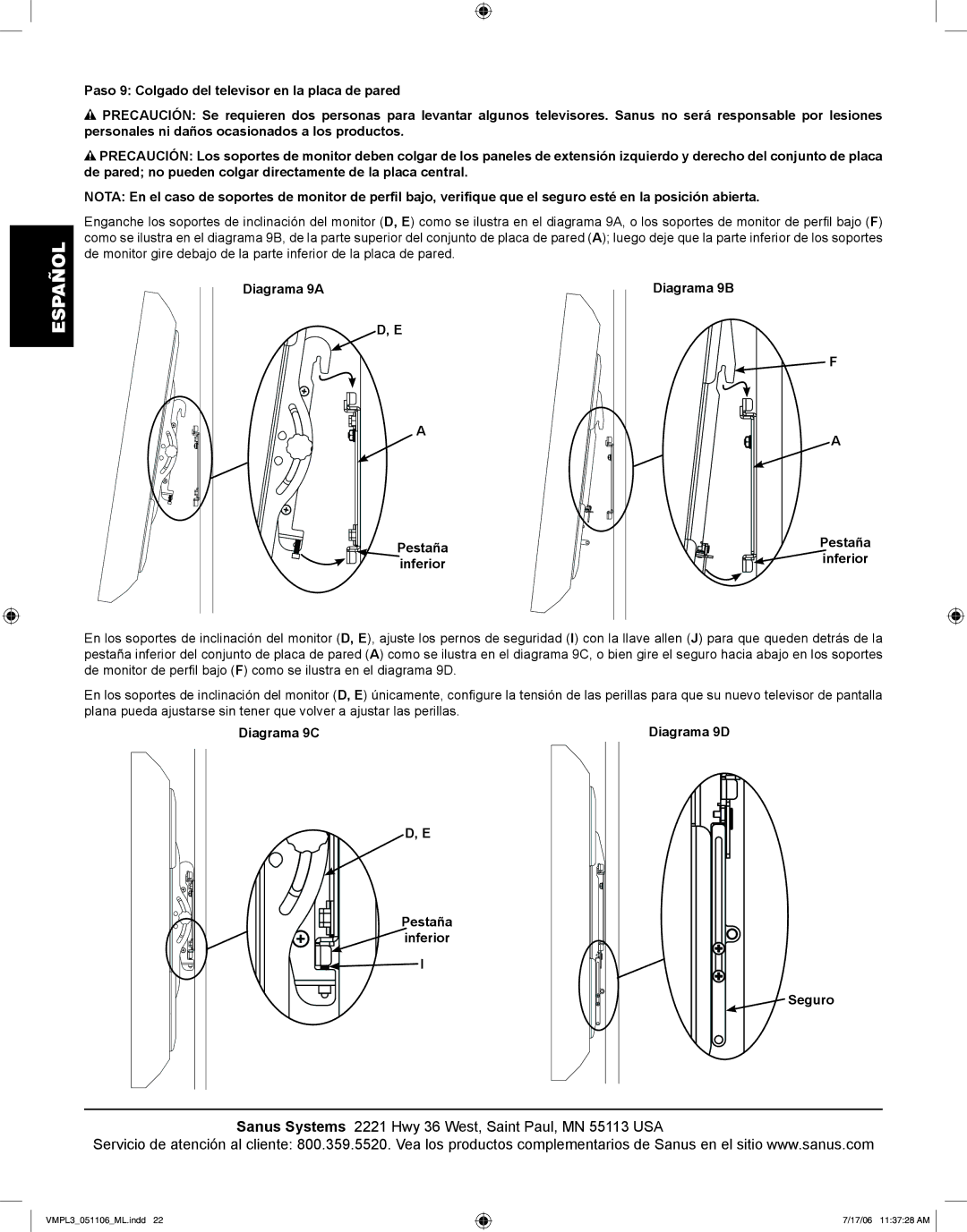 Sanus Systems VMPL3 manual Diagrama 9A Diagrama 9B, Diagrama 9C Diagrama 9D Pestaña Inferior Seguro 