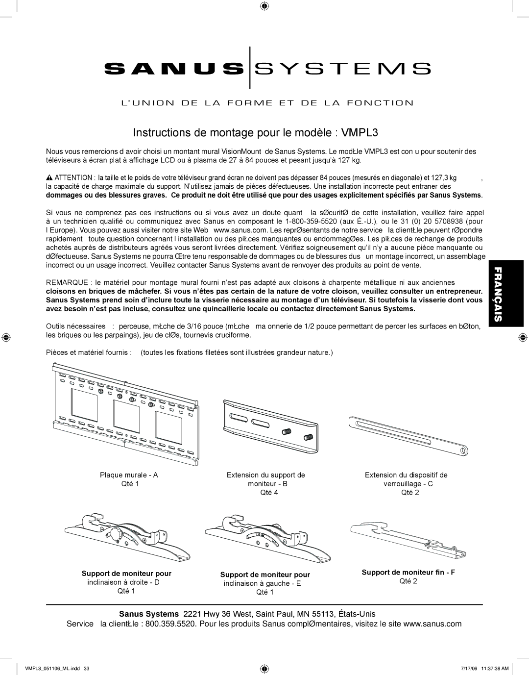 Sanus Systems manual Instructions de montage pour le modèle VMPL3 