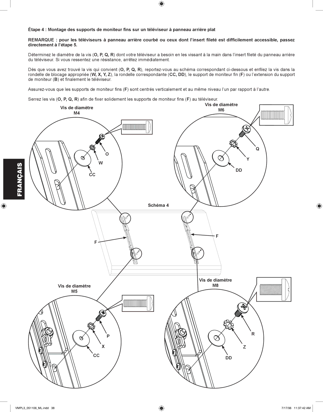 Sanus Systems VMPL3 manual Vis de diamètre Vis de diamètreM6, Schéma Vis de diamètre Vis de diamètreM8 M5 