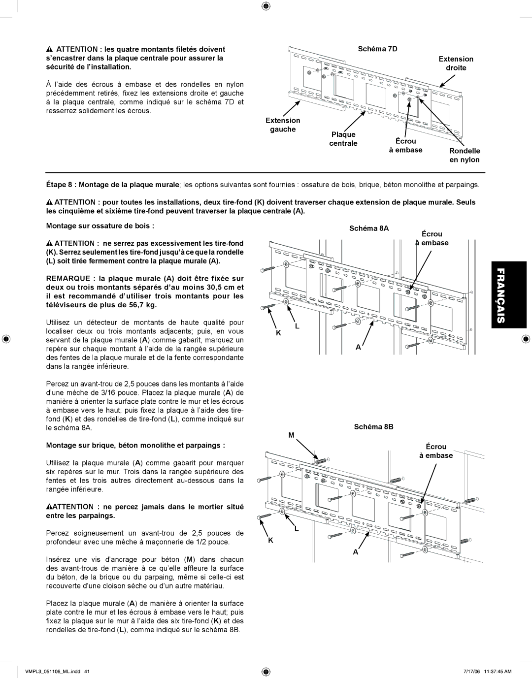 Sanus Systems VMPL3 manual Rondelle, Embase Schéma 8B, Montage sur brique, béton monolithe et parpaings, Écrou Embase 