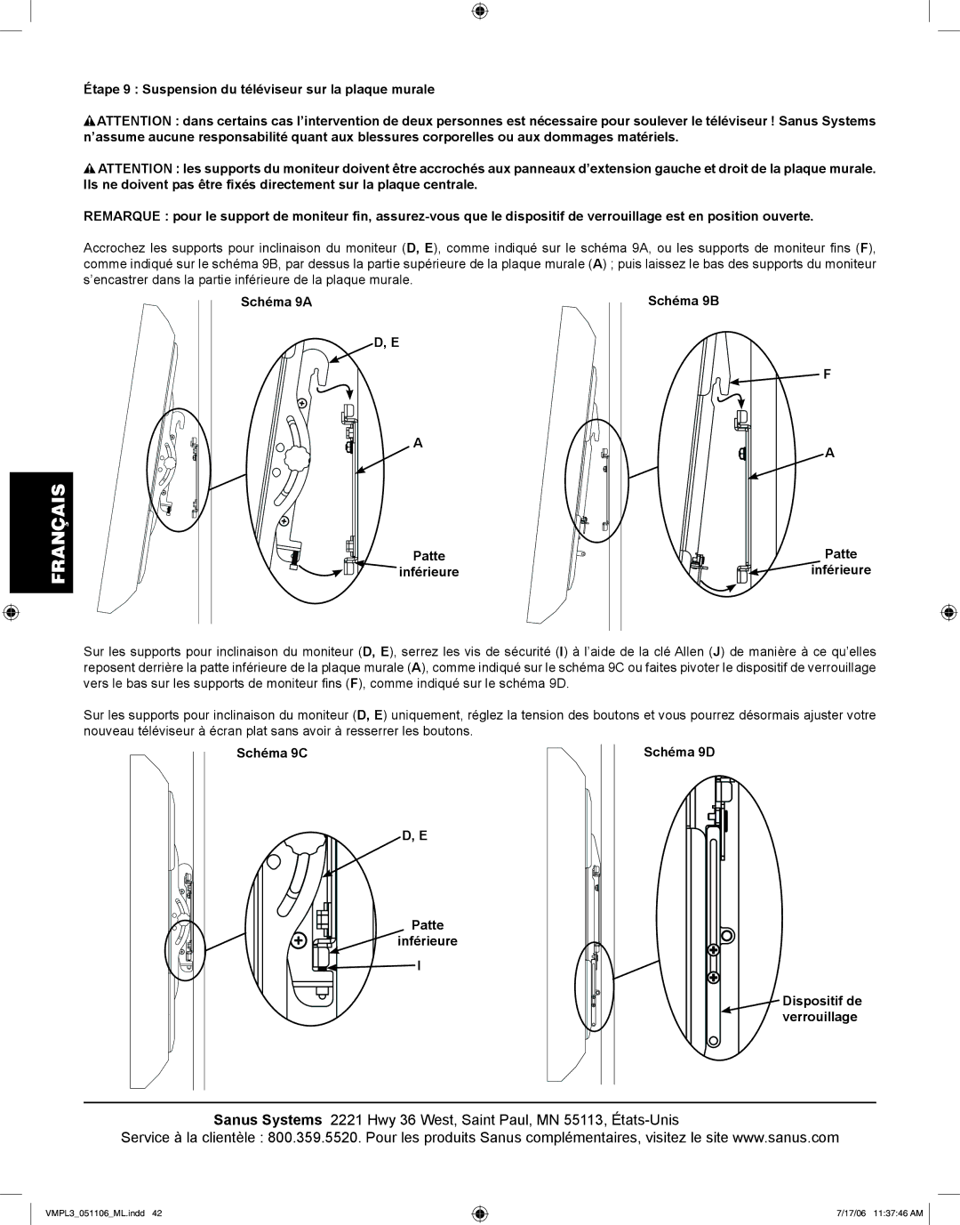 Sanus Systems VMPL3 manual Schéma 9A, Patte, Inférieure 