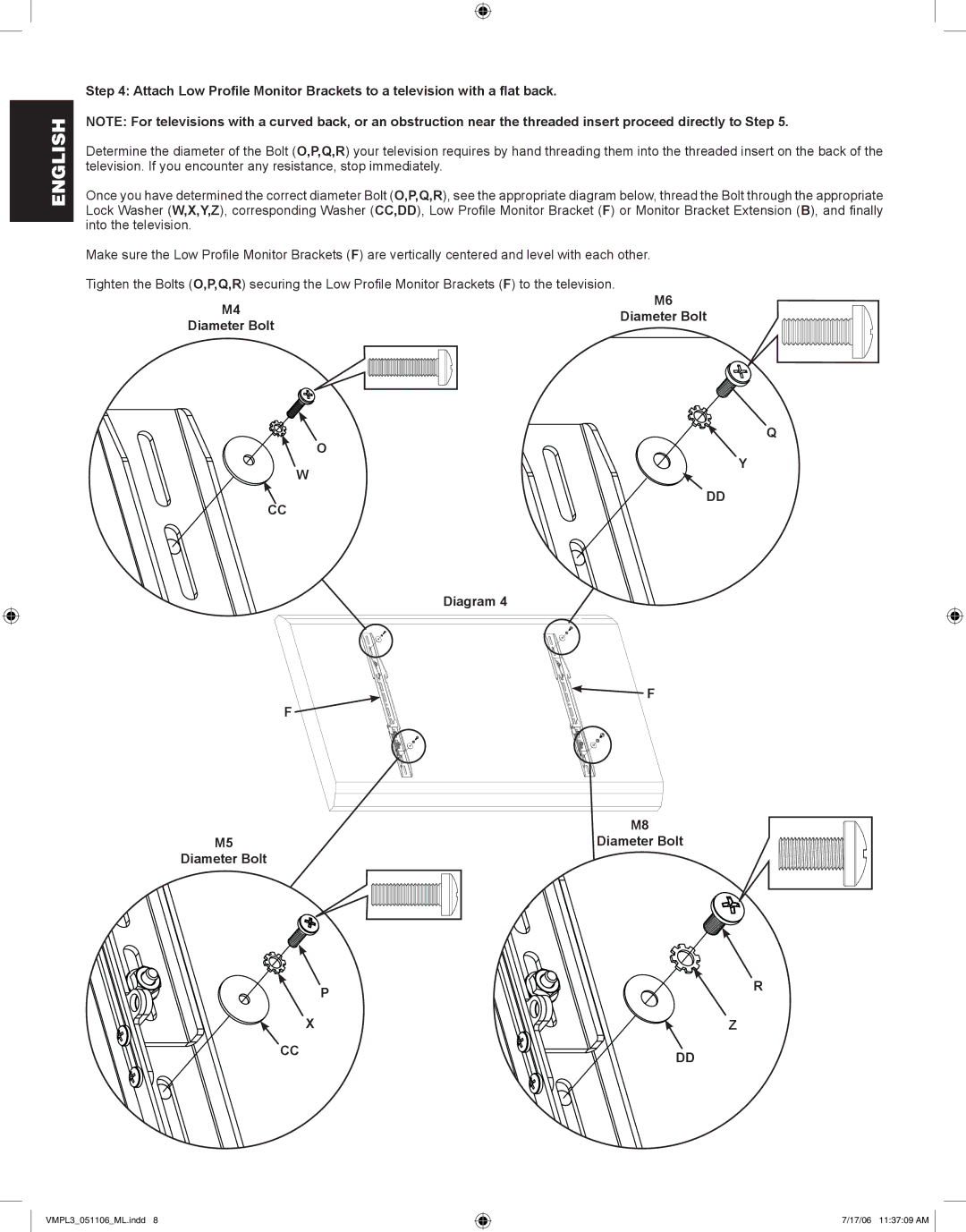 Sanus Systems VMPL3 manual M4Diameter Bolt Diagram M5Diameter Bolt Diameter Bolt 