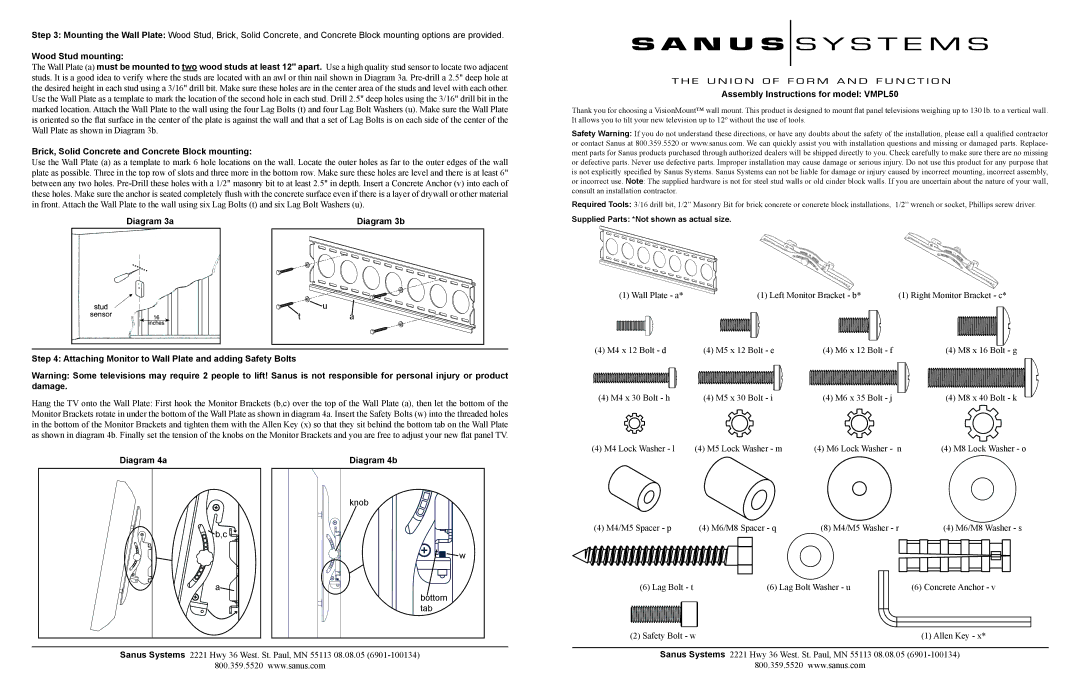 Sanus Systems VMPL50 manual Wood Stud mounting, Brick, Solid Concrete and Concrete Block mounting, Diagram 4a Diagram 4b 