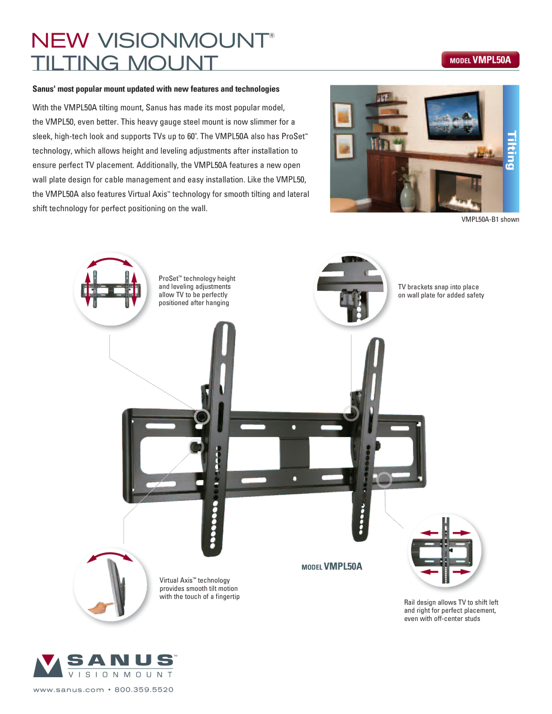 Sanus Systems VMPl50A manual NEW Visionmount Tilting Mount, VMPL50A-B1 shown 