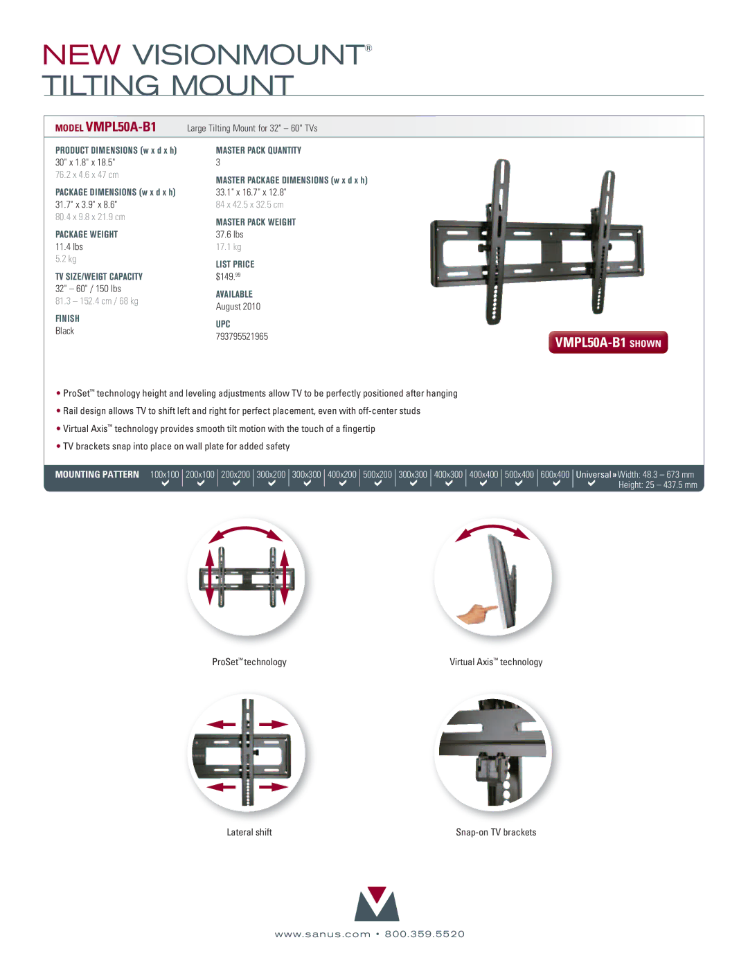 Sanus Systems VMPl50A manual Model VMPL50A-B1, VMPL50A-B1 shown, Package Weight, Finish UPC 