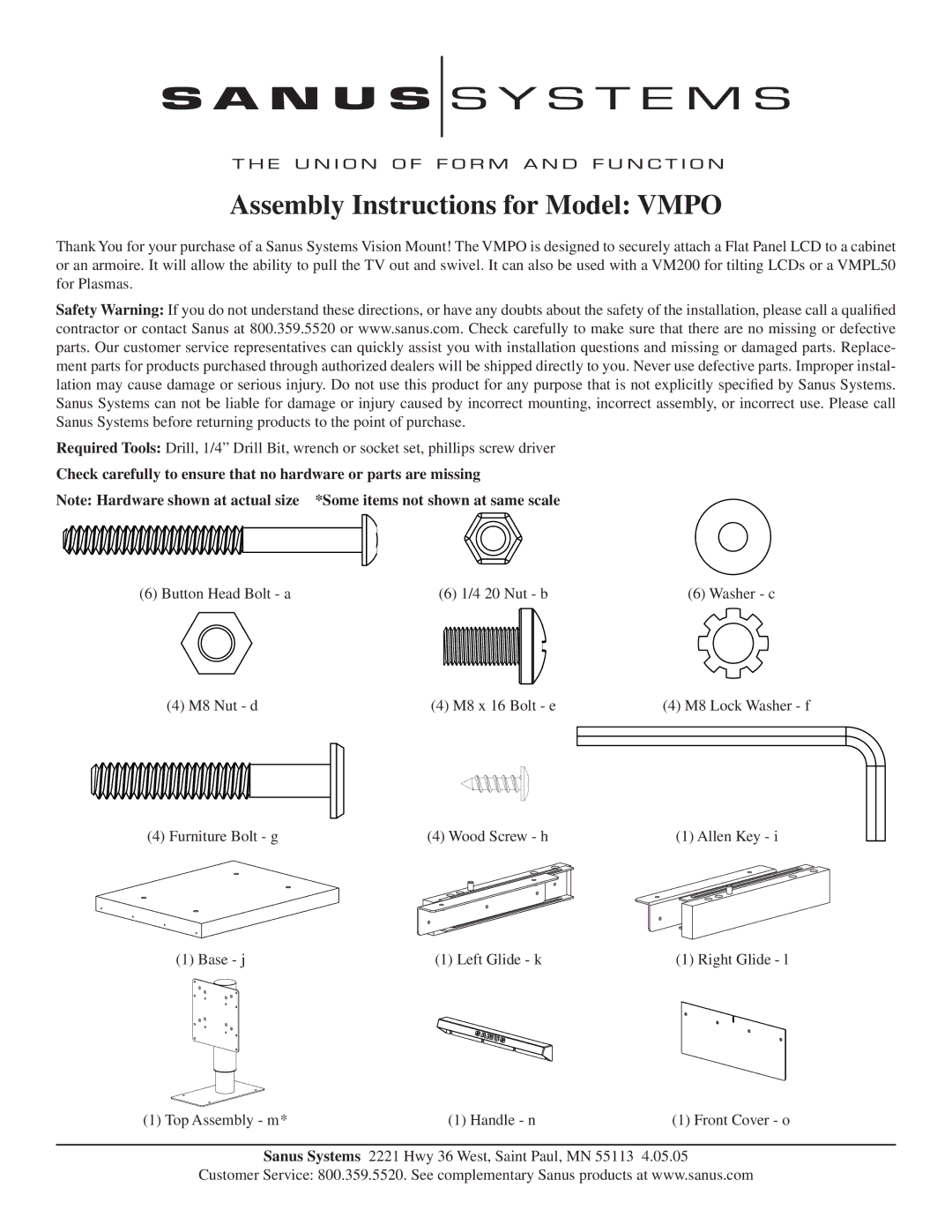 Sanus Systems VMPO manual Assembly Instructions for Model Vmpo 