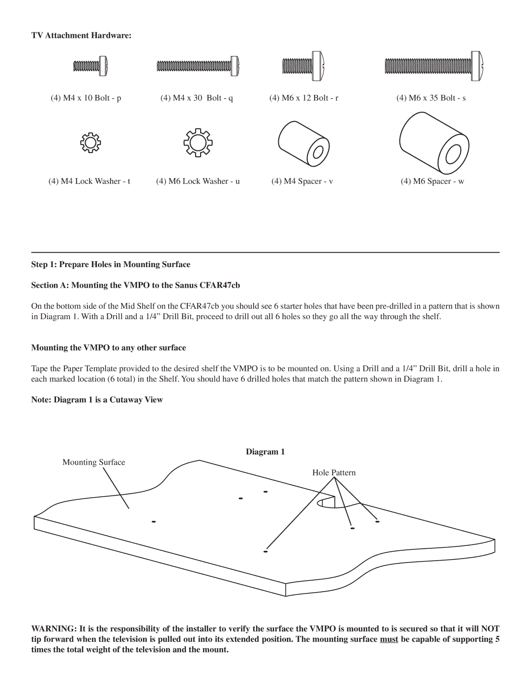 Sanus Systems VMPO manual TV Attachment Hardware, Mounting the Vmpo to any other surface, Diagram 