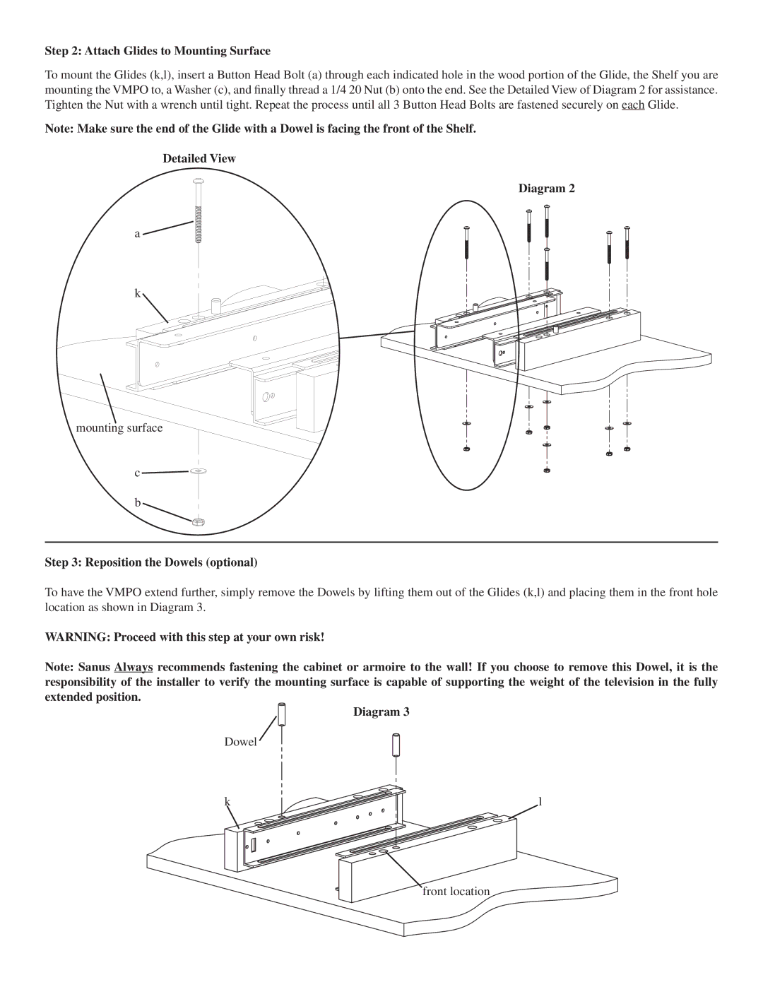 Sanus Systems VMPO manual Attach Glides to Mounting Surface, Detailed View Diagram, Reposition the Dowels optional 