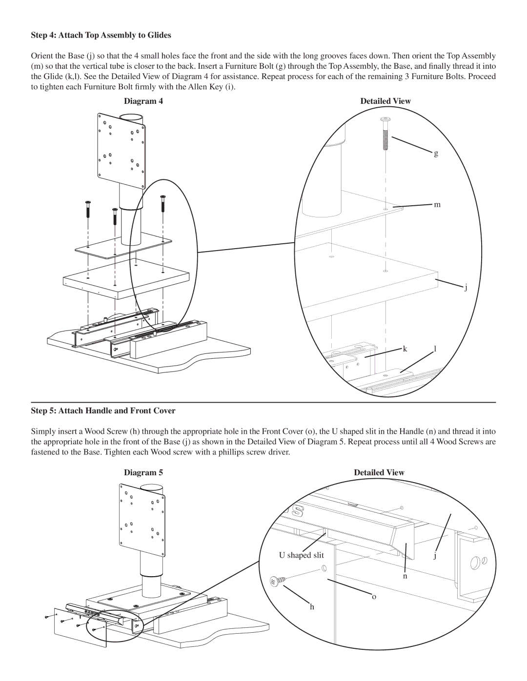 Sanus Systems VMPO manual Attach Top Assembly to Glides, Diagram Detailed View Attach Handle and Front Cover 