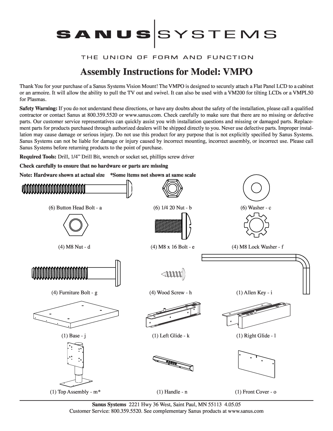 Sanus Systems manual Assembly Instructions for Model VMPO 