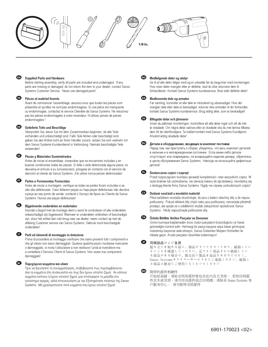 Sanus Systems VMPR1 manual EN Supplied Parts and Hardware, FR Pièces et matériel fournis, DE Gelieferte Teile und Beschläge 