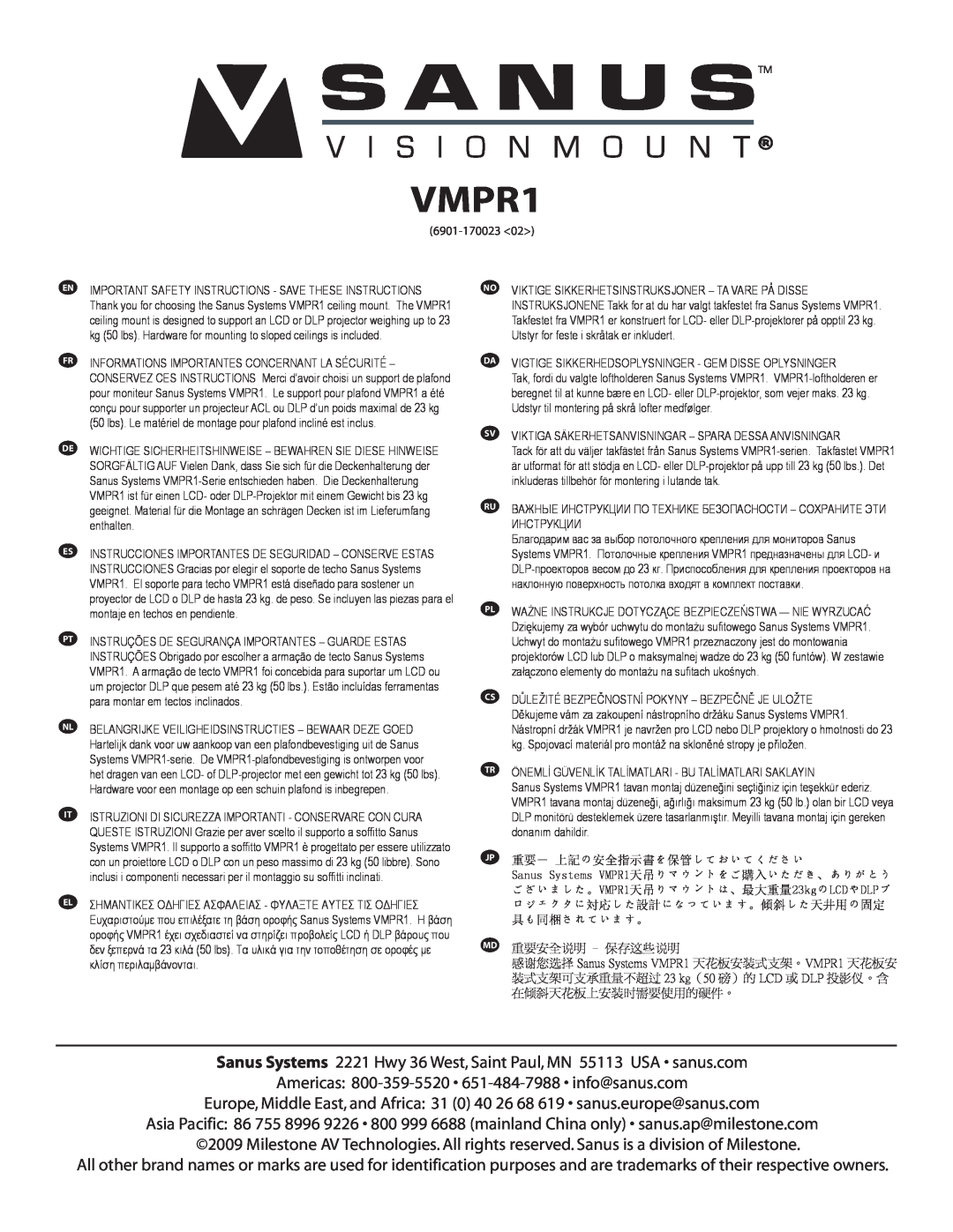 Sanus Systems VMPR1 manual 
