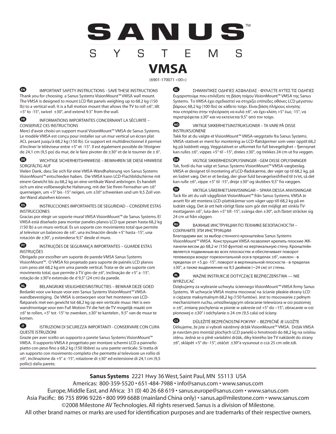 Sanus Systems VMSA important safety instructions Vmsa, 6901-170071 