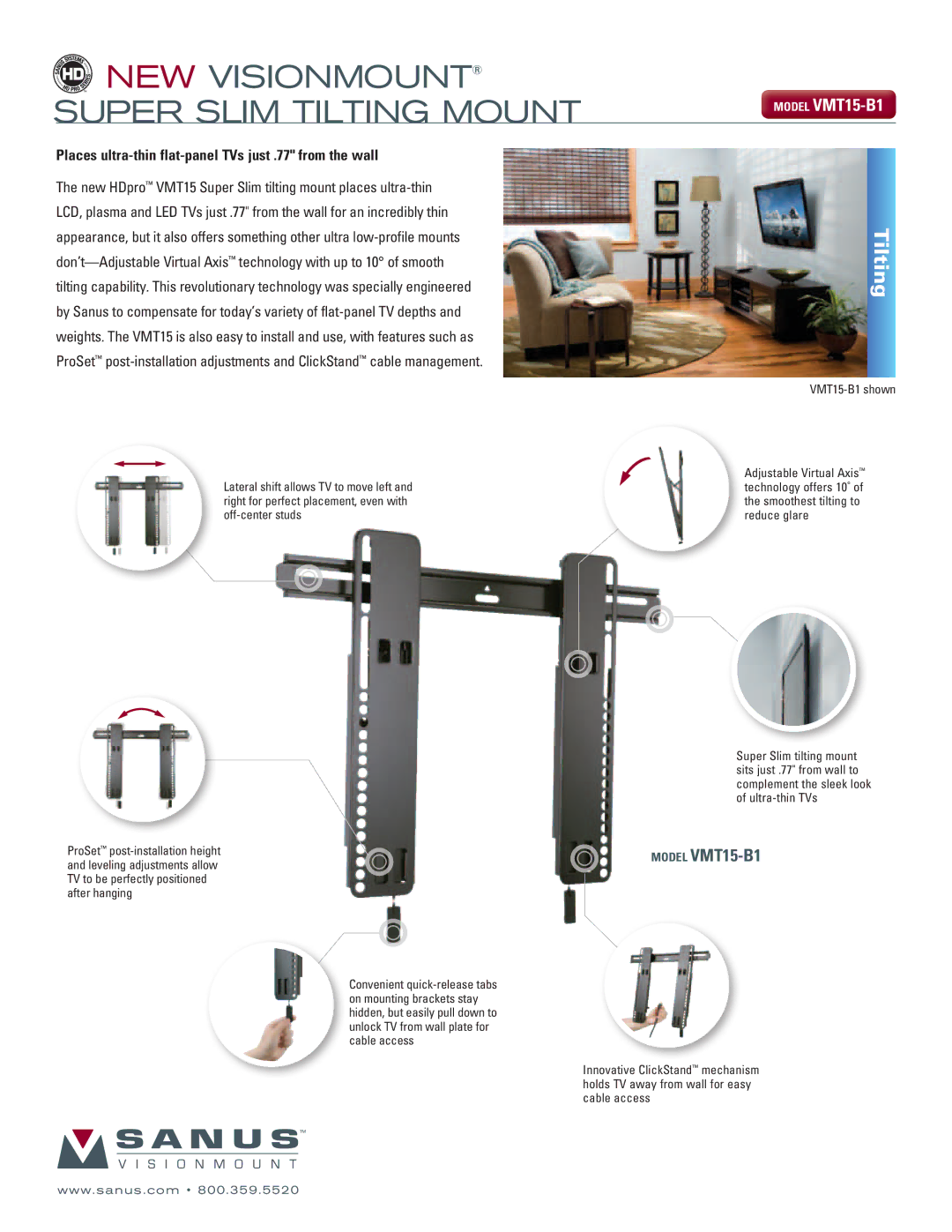 Sanus Systems VMT15-B1 manual Super Slim Tilting Mount 