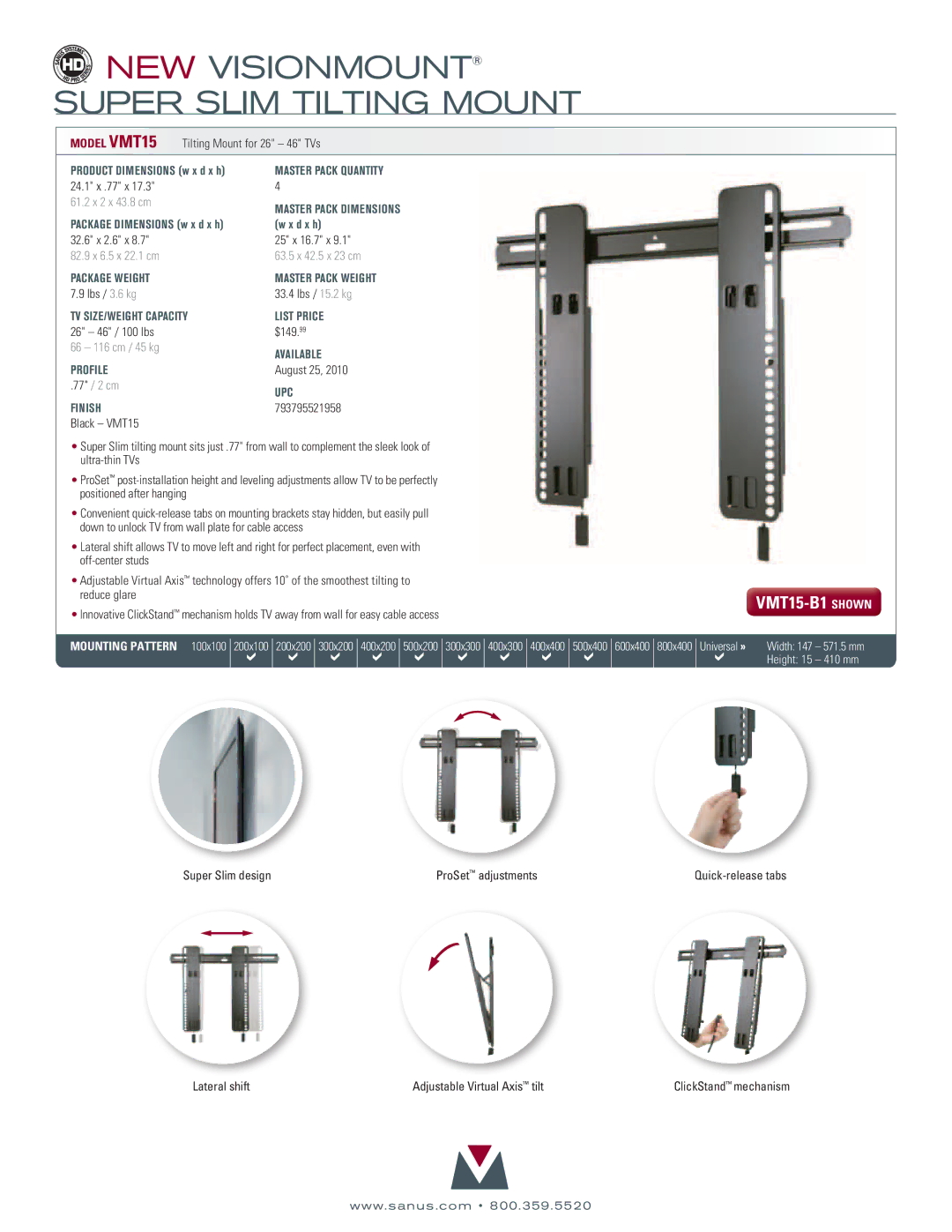 Sanus Systems VMT15-B1 manual Profile, Finish, Master Pack Weight, Upc 