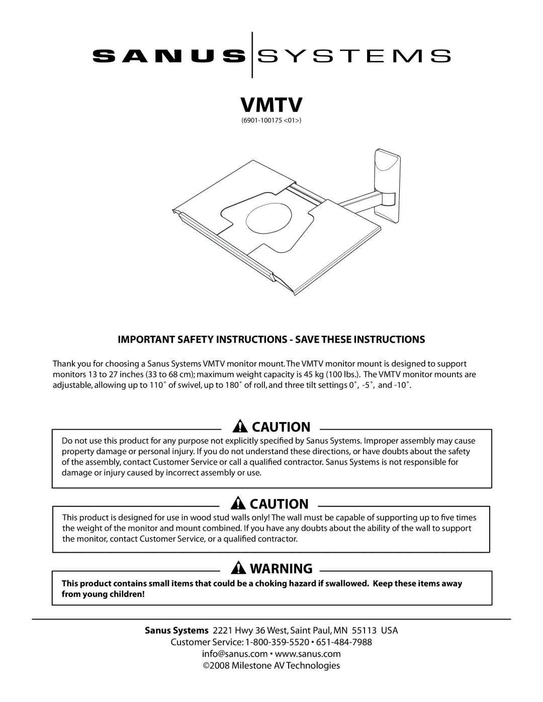 Sanus Systems VMTV important safety instructions Vmtv 