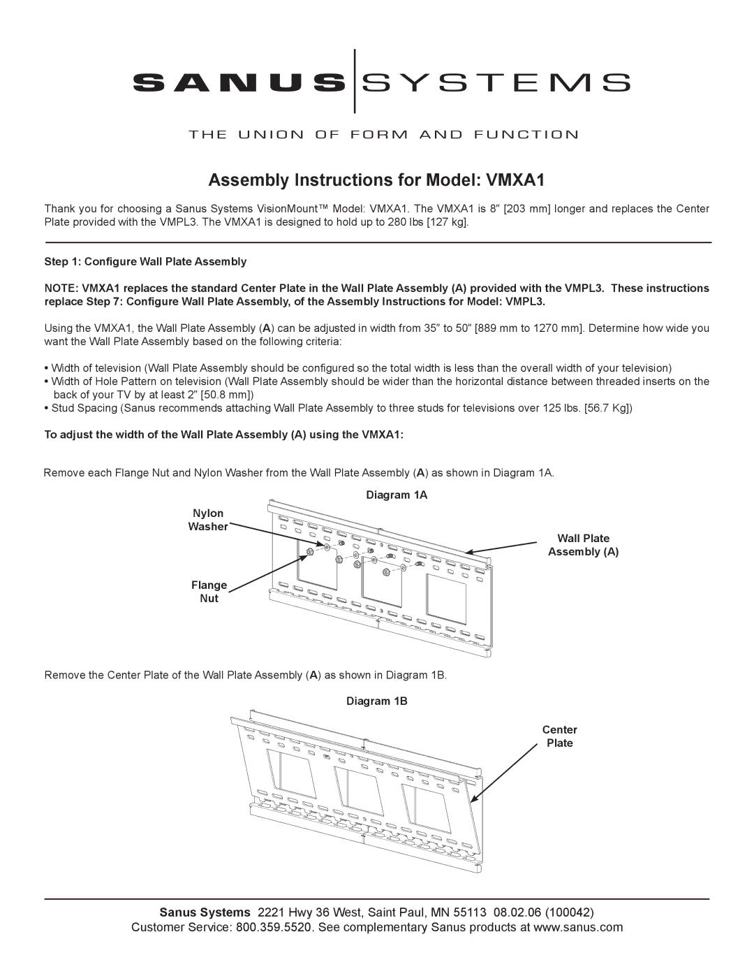 Sanus Systems manual Assembly Instructions for Model VMXA1, Diagram 1A Nylon Washer Wall Plate Assembly a Flange Nut 