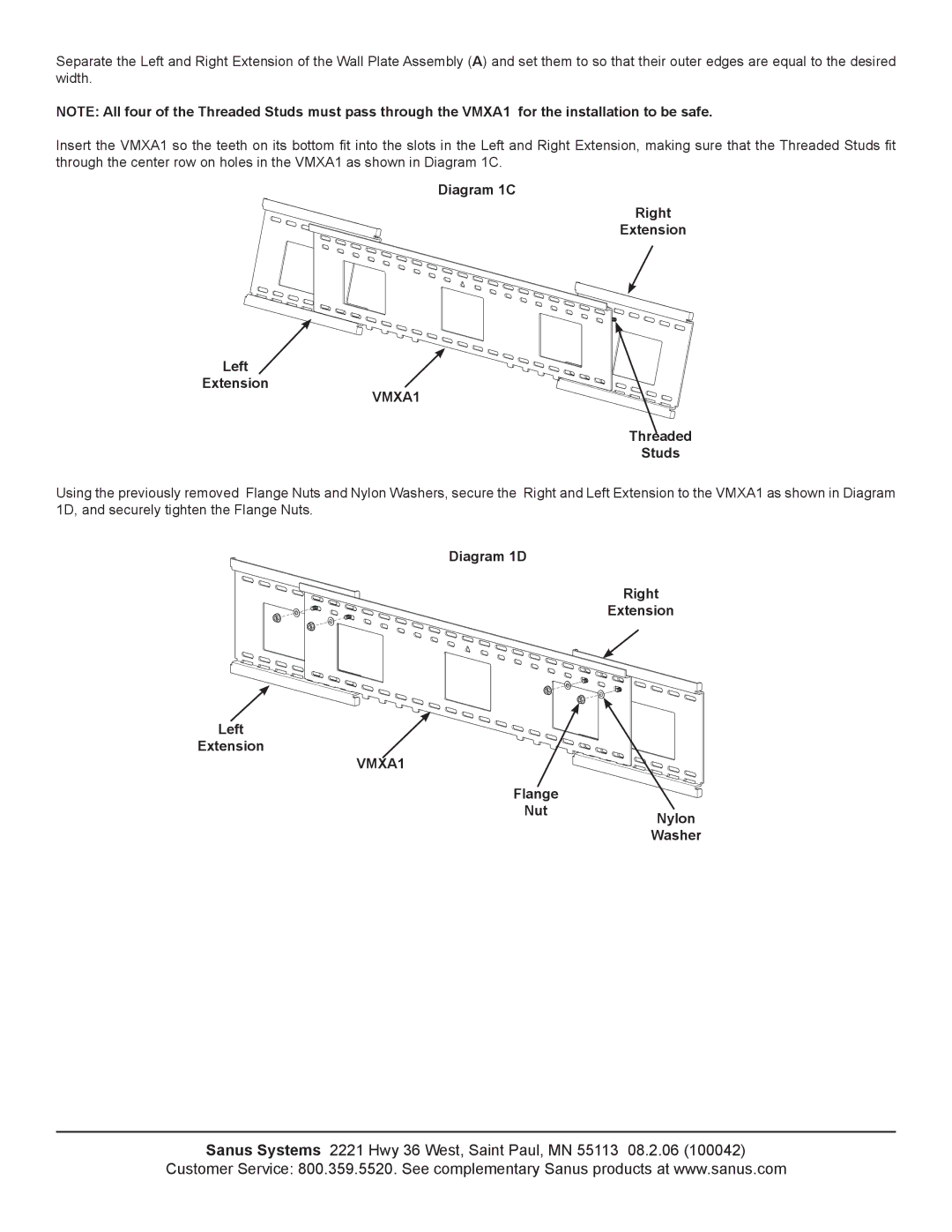 Sanus Systems VMXA1 Left Extension Diagram 1C Right, Threaded Studs, Diagram 1D Right Extension Left, Flange Nut Nylon 