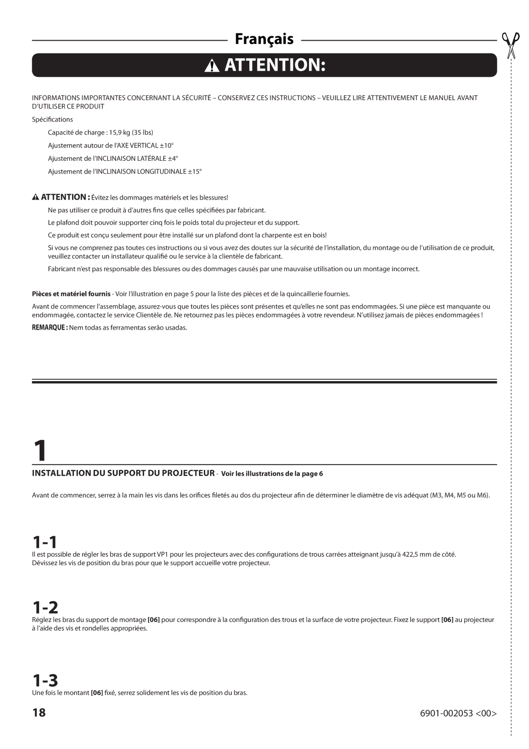 Sanus Systems VP1 manual Français, Remarque Nem todas as ferramentas serão usadas 