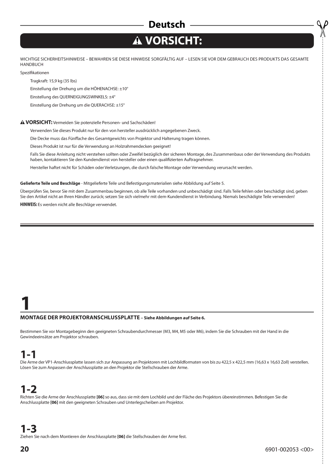 Sanus Systems VP1 manual Vorsicht, Hinweis Es werden nicht alle Beschläge verwendet 