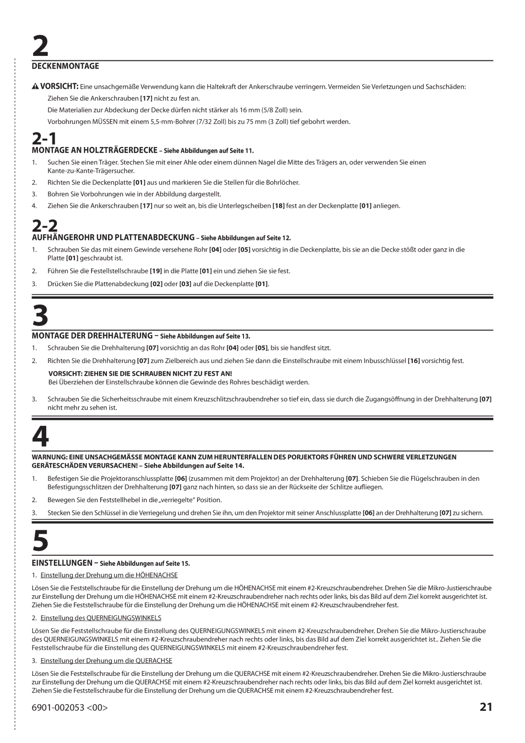 Sanus Systems VP1 manual Deckenmontage, Montage AN Holzträgerdecke Siehe Abbildungen auf Seite 