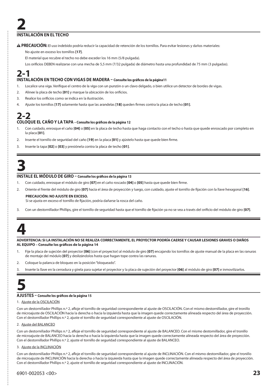 Sanus Systems VP1 Instalación EN EL Techo, Precaución no Ajuste EN Exceso, Ajustes Consulte los gráficos de la página 