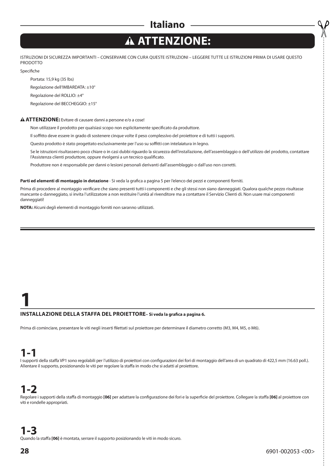 Sanus Systems VP1 manual Attenzione 