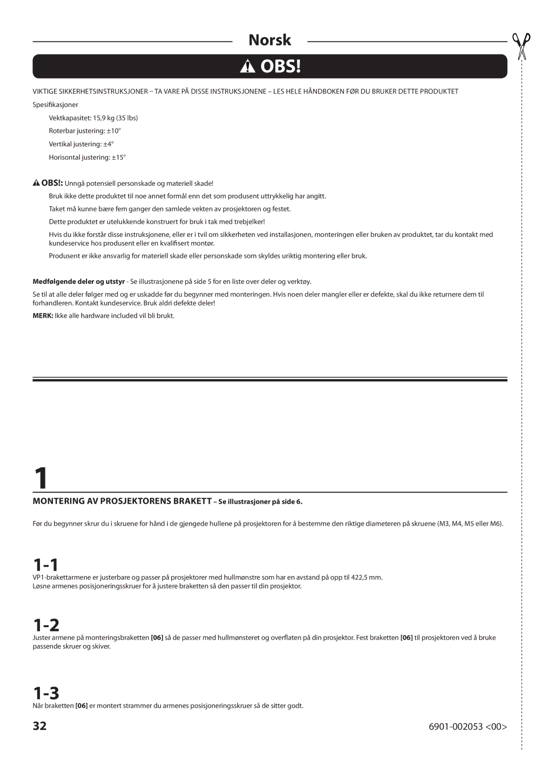 Sanus Systems VP1 manual Obs 