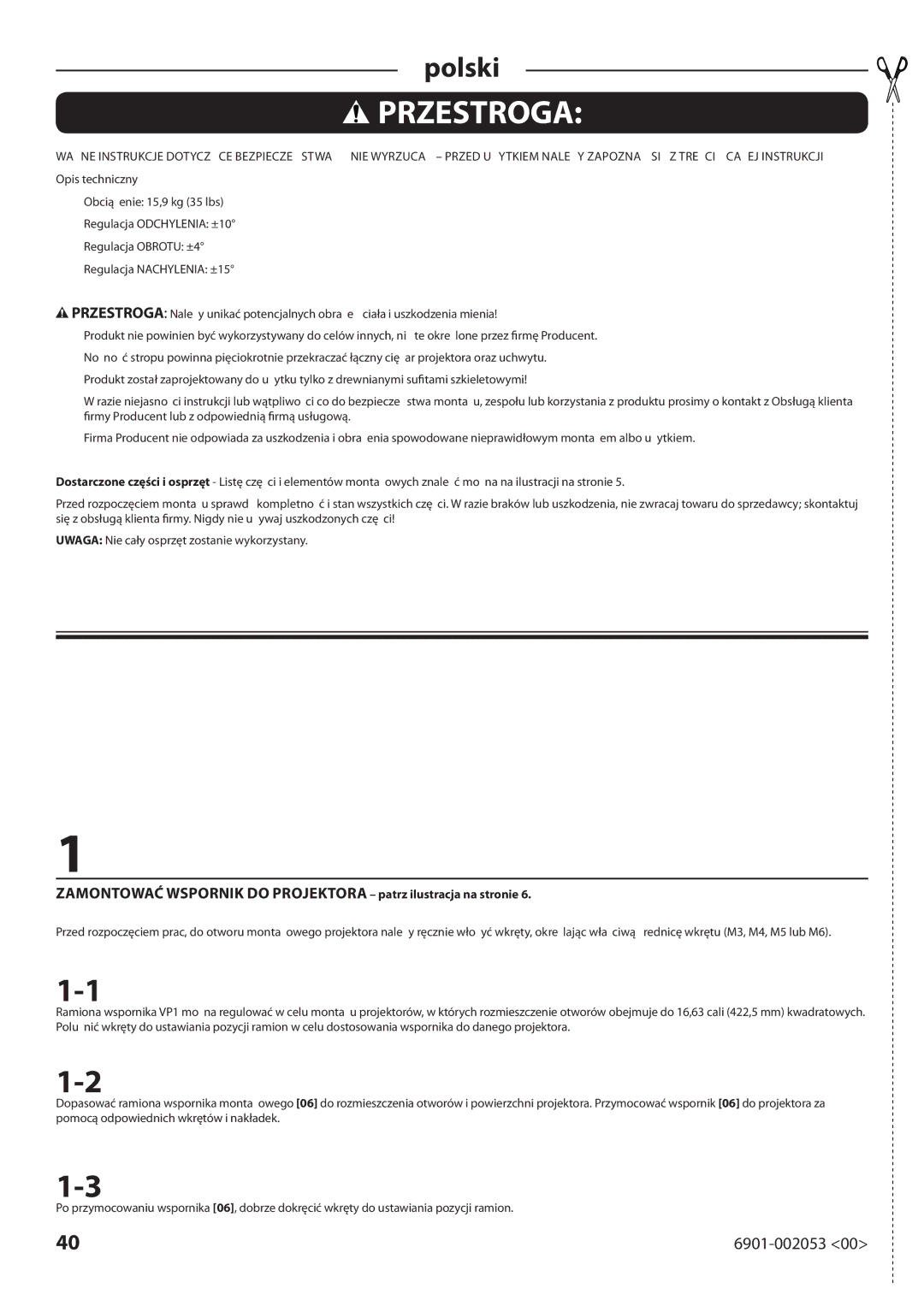 Sanus Systems VP1 manual Przestroga 