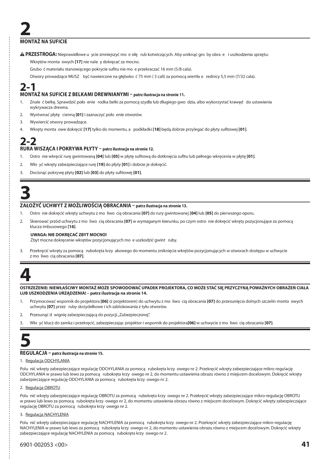 Sanus Systems VP1 manual Montaż NA Suficie, Rura Wisząca I Pokrywa Płyty patrz ilustracja na stronie 