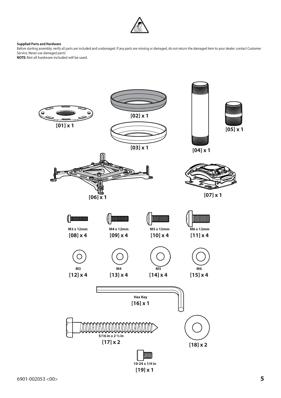 Sanus Systems VP1 manual Supplied Parts and Hardware, M3 x 12mm M4 x 12mm, Hex Key, X 2 ½, 10-24 x 1/4, M6 x 12mm 