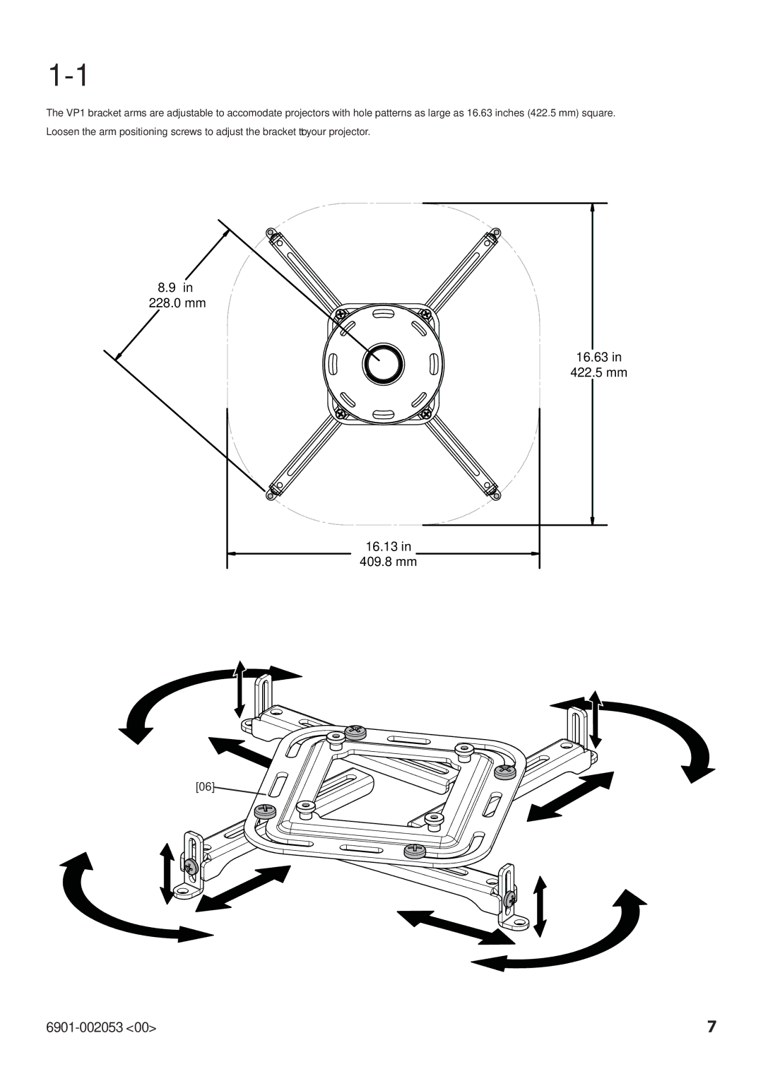 Sanus Systems VP1 manual 228.0 mm 16.63 422.5 mm 16.13 409.8 mm 