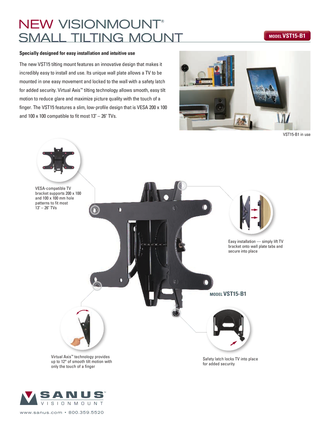 Sanus Systems manual NEW Visionmount Small tilting Mount, Model VST15-B1 