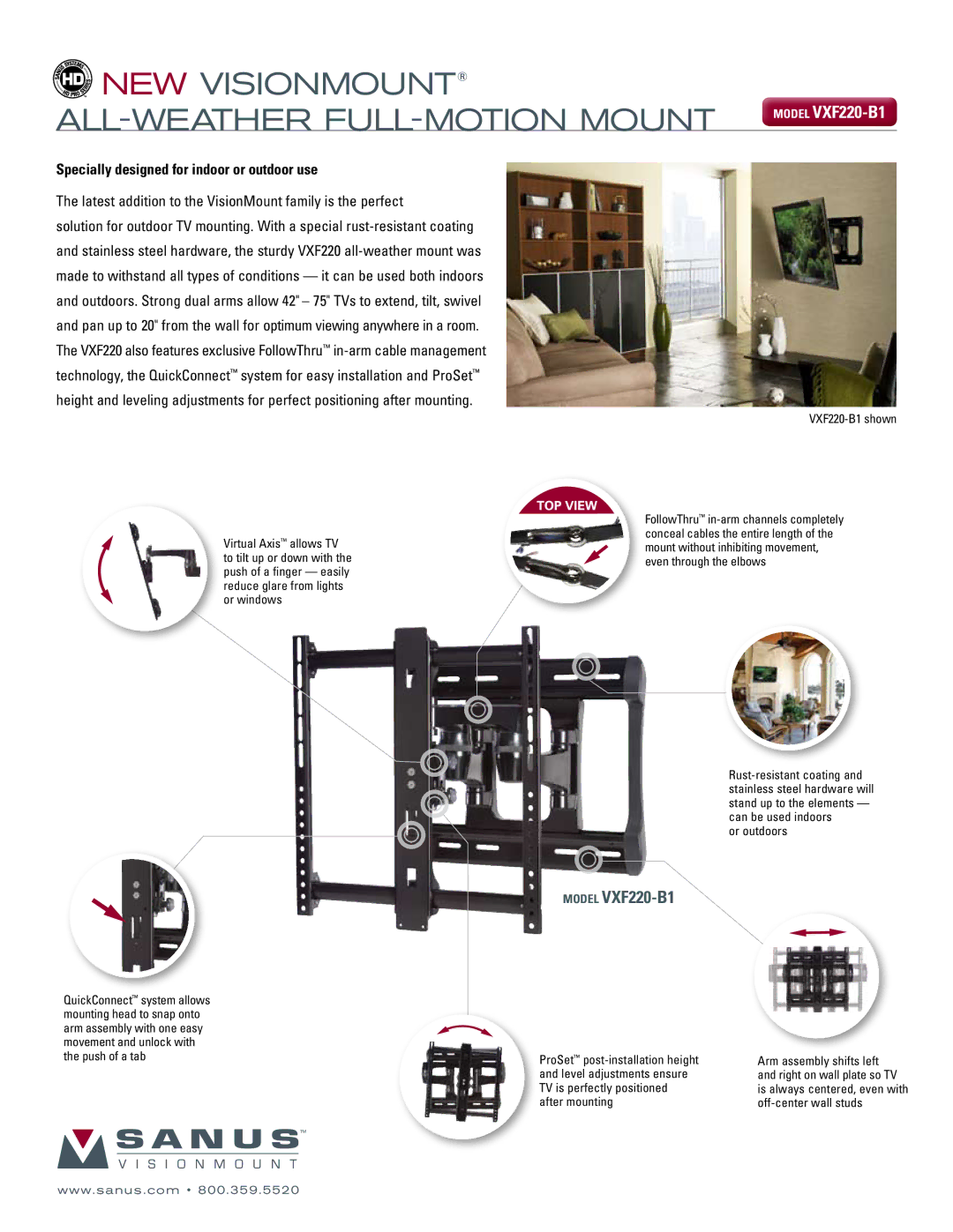 Sanus Systems VXF220-B1 manual NEW Visionmount ALl-weather Full-Motion Mount 