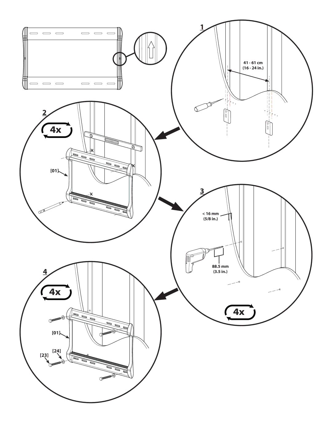 Sanus Systems VXF220 manual 41 61 cm 16 24 Mm 5/8 88.5 mm 