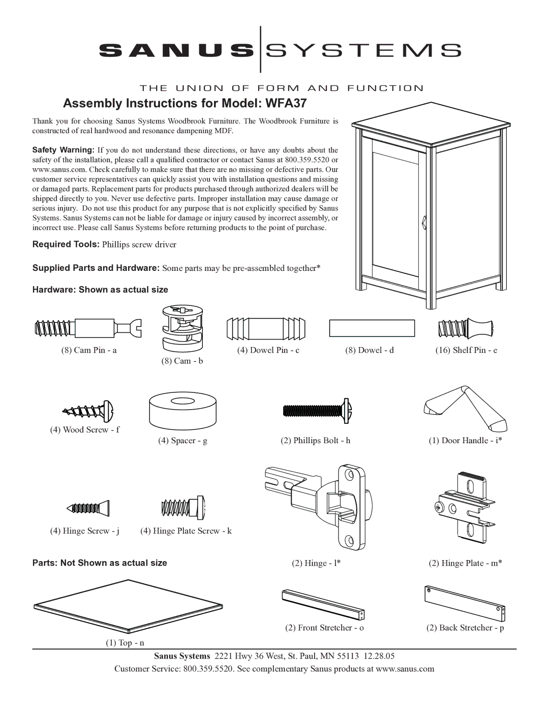 Sanus Systems WFA37 manual Hardware Shown as actual size, Parts Not Shown as actual size 